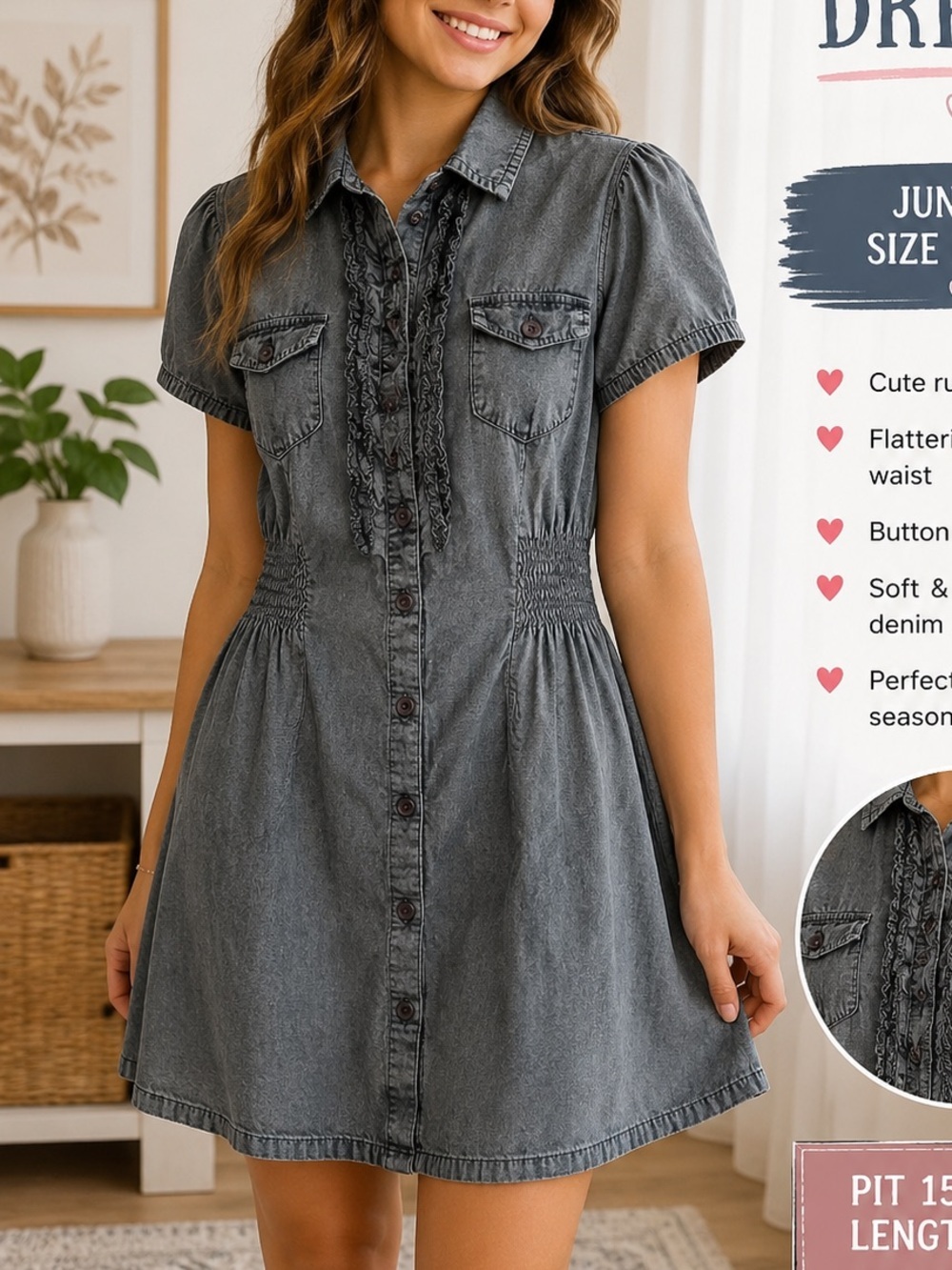 Mascara Denim Shirt Dress - Embroidery JUNIORS LARGE Pit 15”
Length 30”